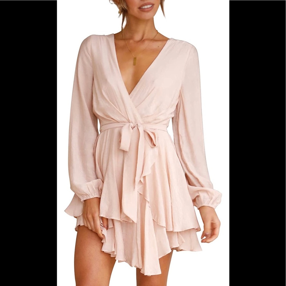 Flattering and sexy Womens  deep v neck long sleeve waisted tie mini dress
